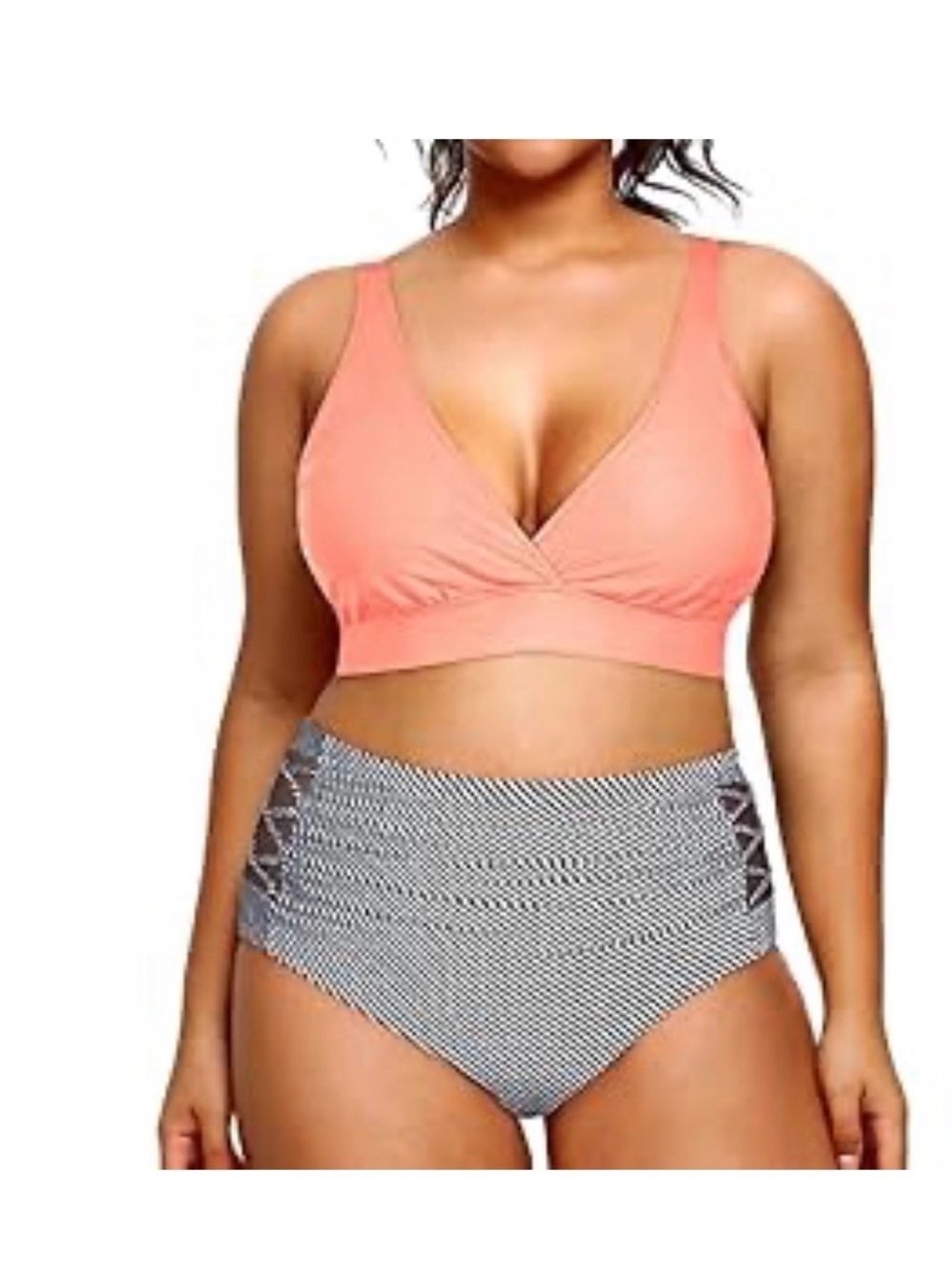 Coral Cross-Back Bikini Top with High-Waist Black & White Stripe Bottom